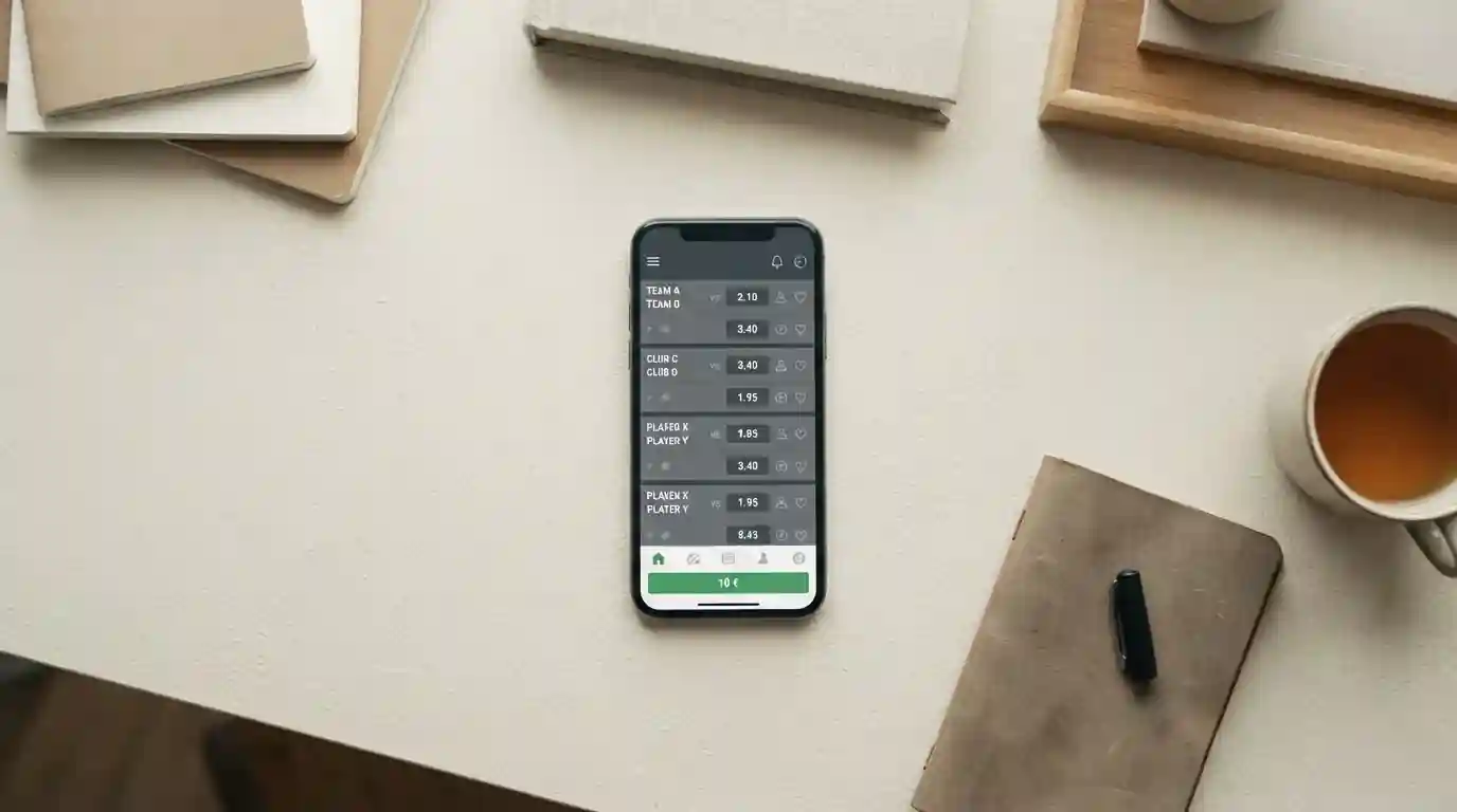Smartphone mit Sportwetten-App und 10-Euro-Einzahlung auf hellem Untergrund