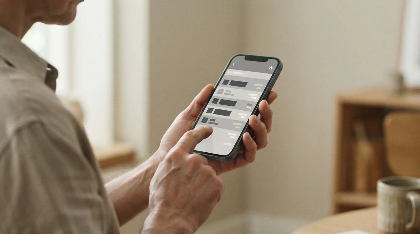 Smartphone in der Hand, Bildschirm zeigt neutrale Zahlungs&uuml;bersicht mit abstrakten Zeilen