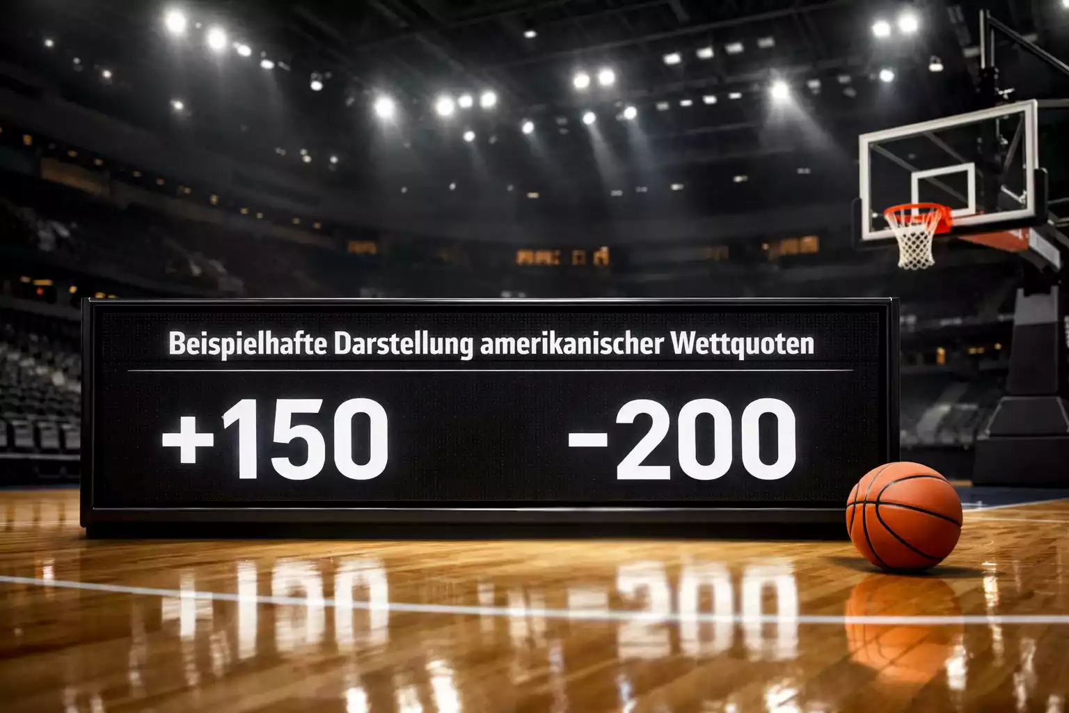 Basketball-Arena mit amerikanischer Anzeigetafel und Sportwetten-Symbolen