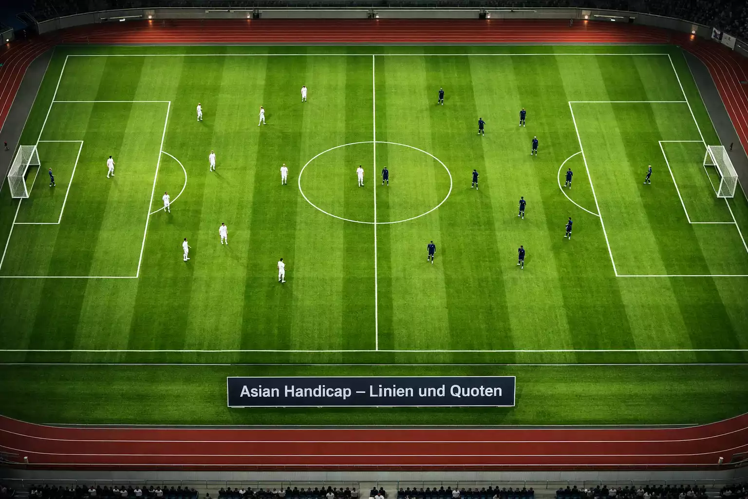 Fußballfeld aus der Vogelperspektive mit Spielern in Formation