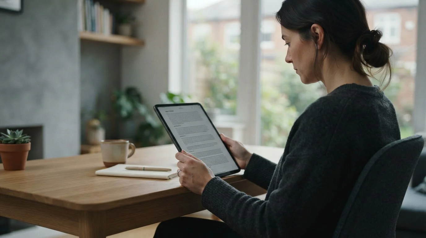 Person liest Auszahlungsbedingungen auf Tablet, seitliche Ansicht ohne erkennbares Gesicht