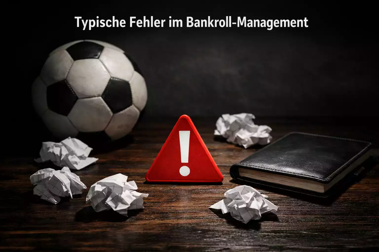 Warnschilder und Fußball auf einem Schreibtisch als Symbol für Wettfehler