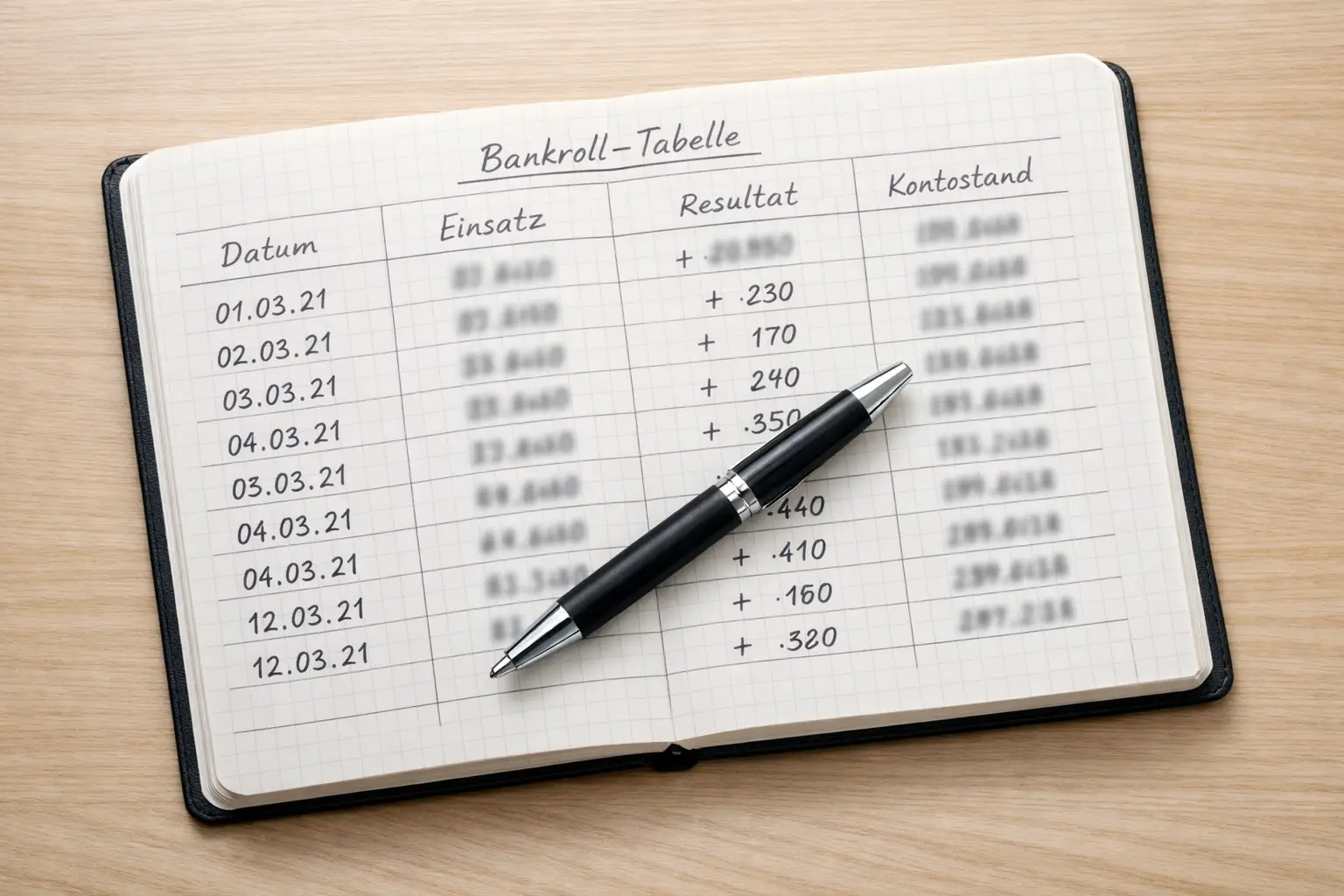 Schreibtisch mit einem Notizbuch voller Zahlenkolonnen und einem Stift daneben