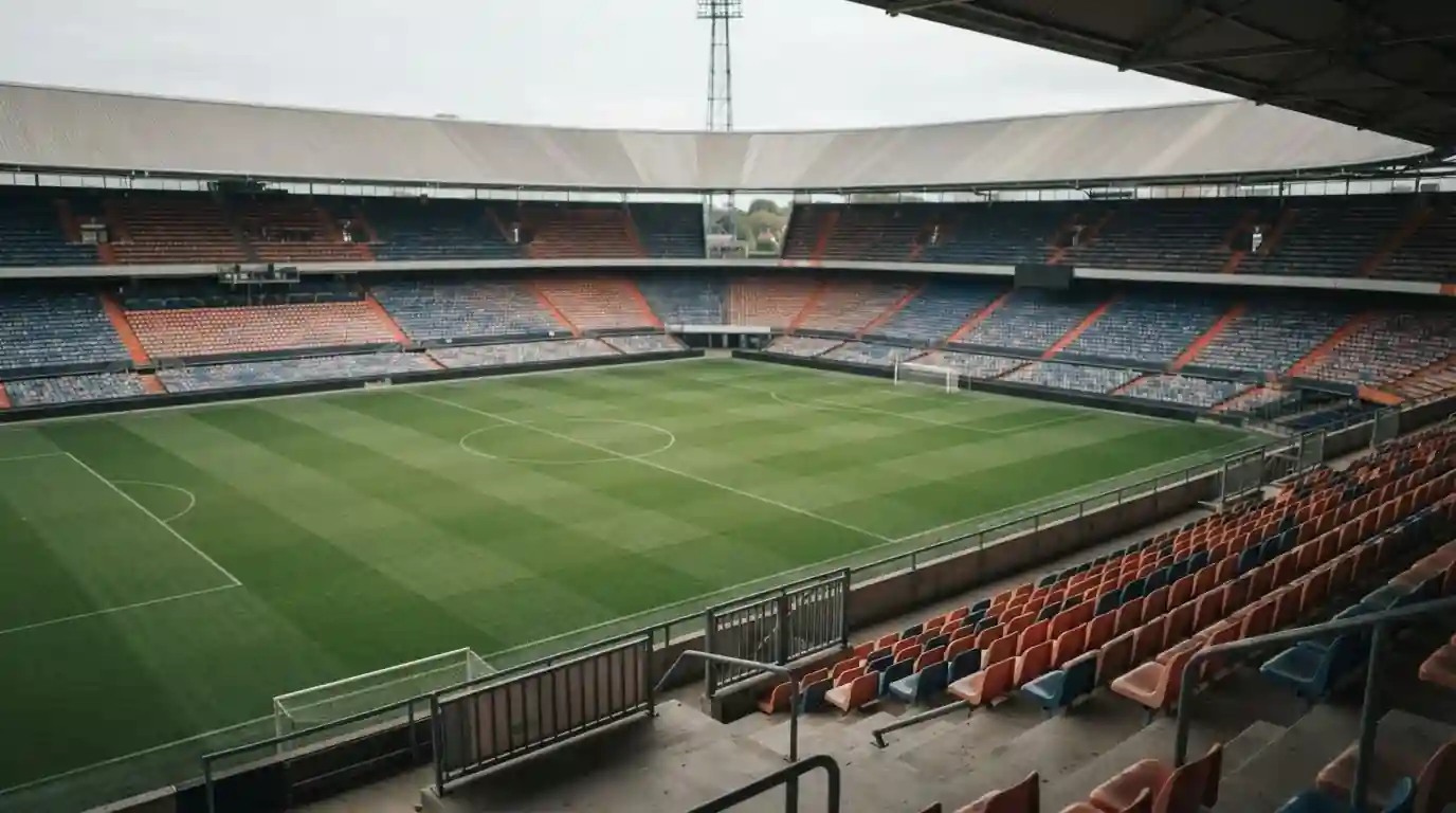 Fußballstadion in den Niederlanden mit Blick auf den Rasen und leere Tribünen