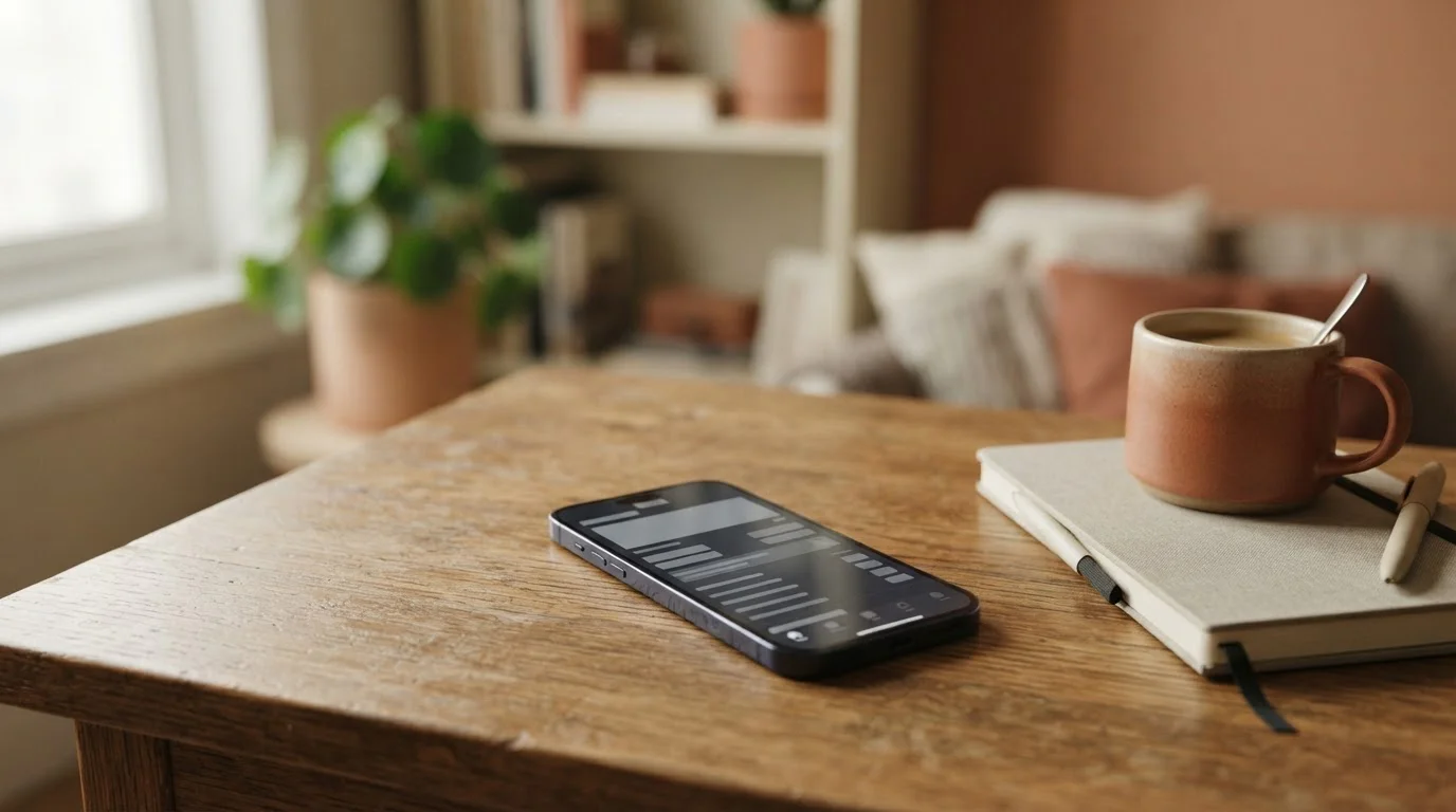 Smartphone mit Wett-App auf einem Holztisch neben Notizbuch und Kaffeetasse