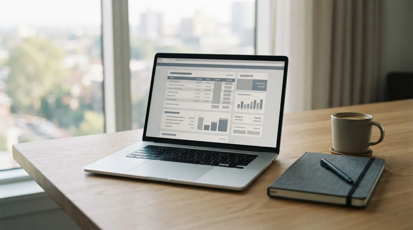 Laptop mit Online-Banking-Oberfläche auf aufgeräumtem Schreibtisch