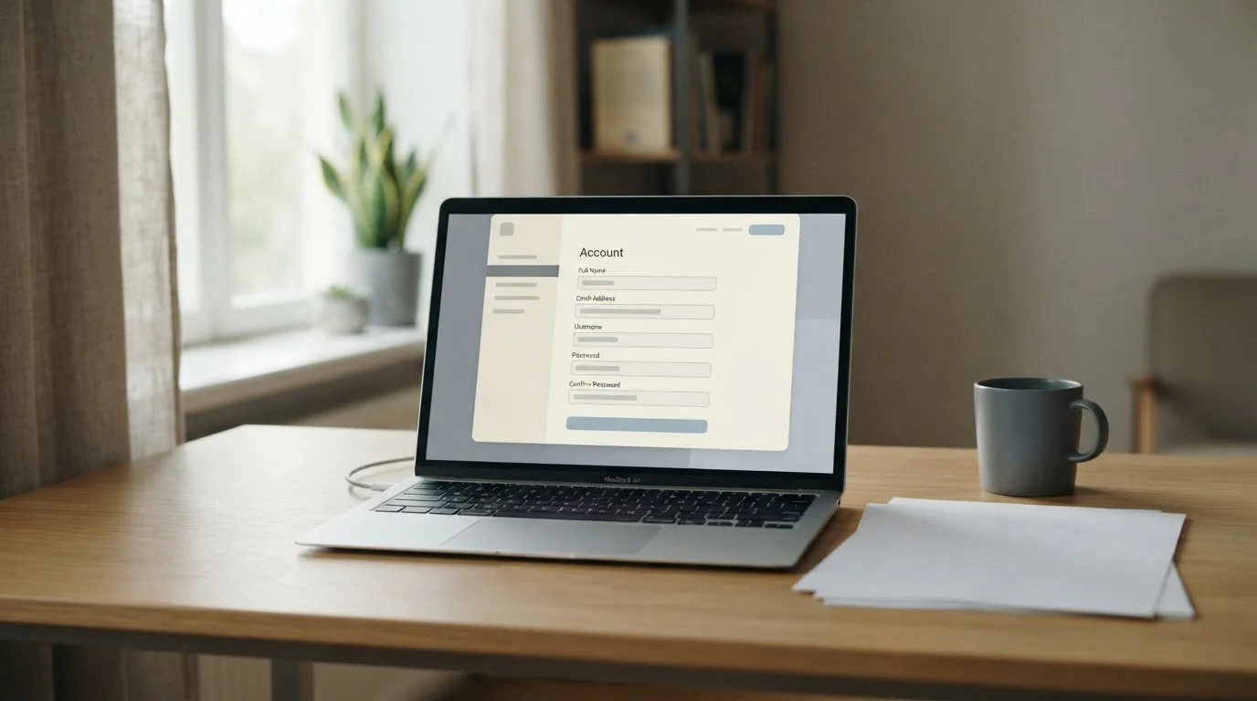 Laptop auf Schreibtisch mit abstraktem Anmeldeformular und Dokumenten daneben