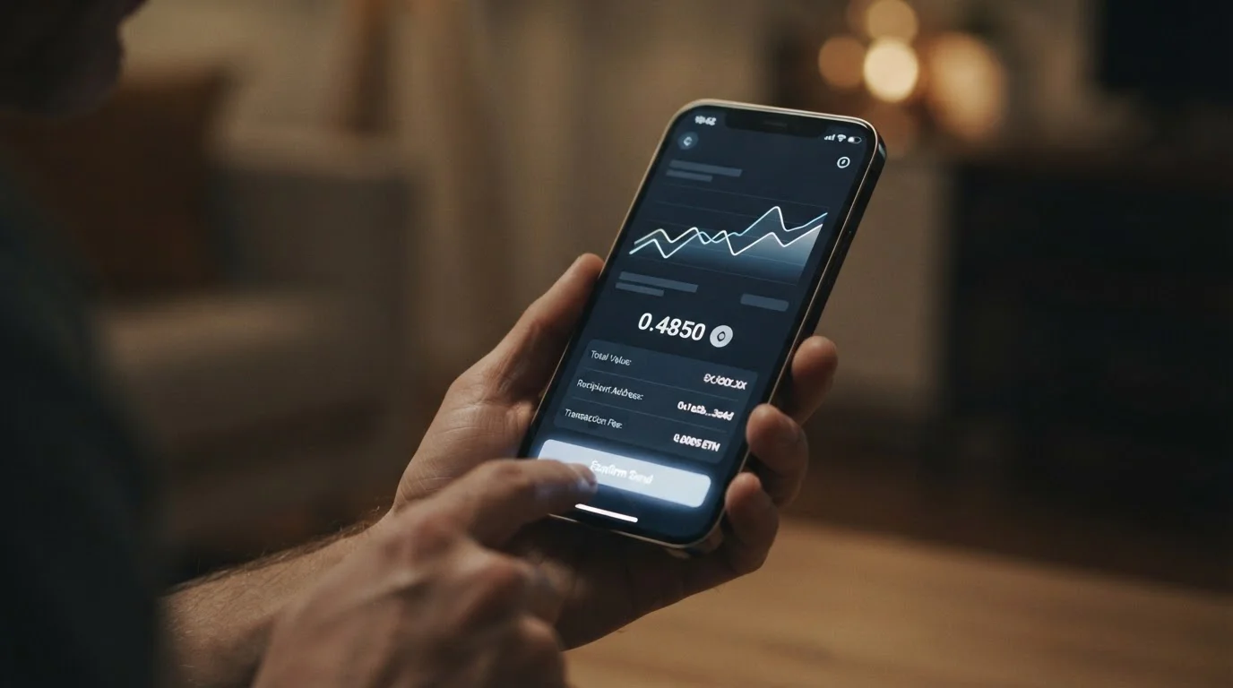 Smartphone zeigt Bitcoin-Transaktion mit Geb&uuml;hren- und Kursangaben