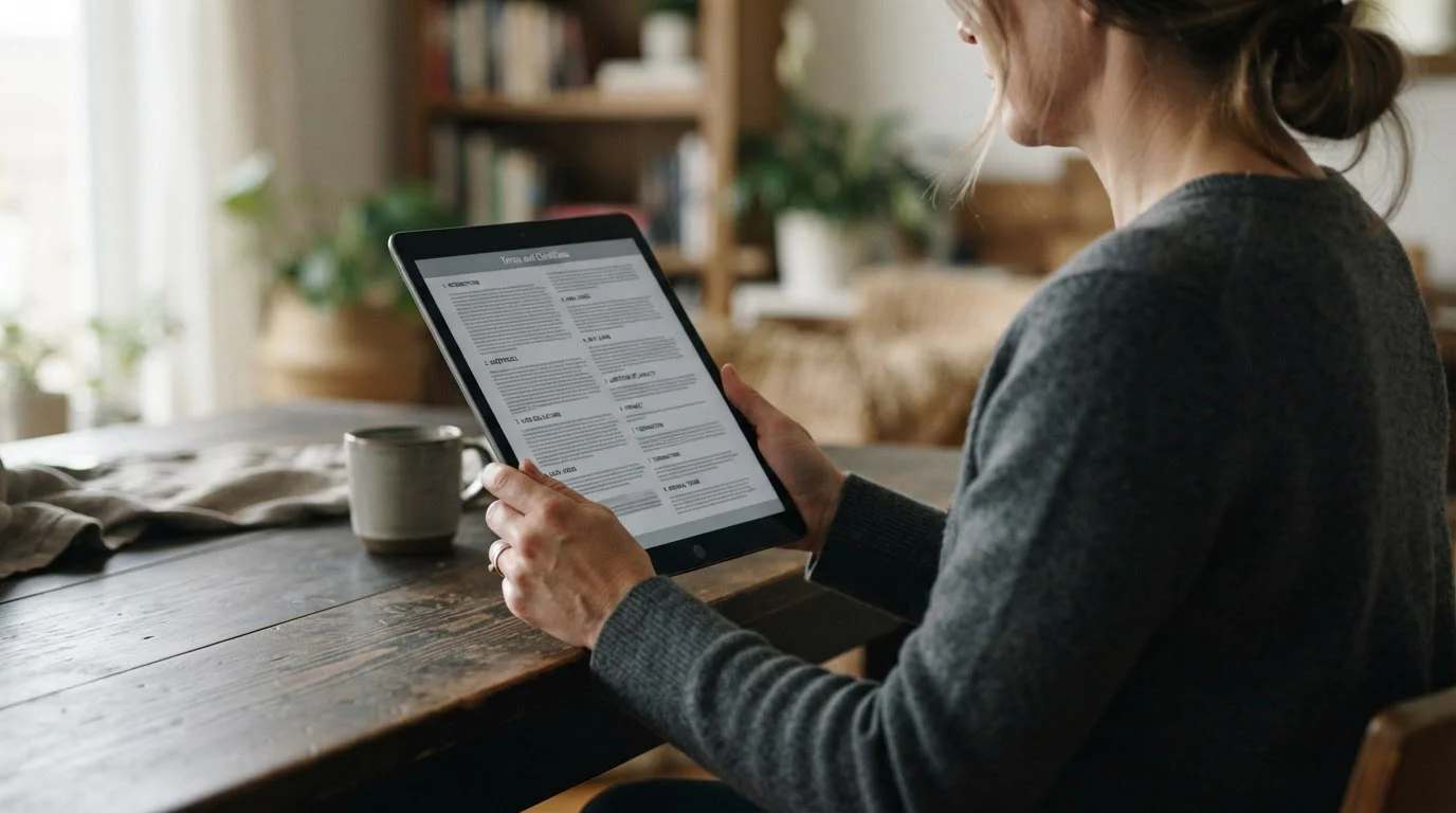 Person liest Bonusbedingungen auf Tablet-Bildschirm