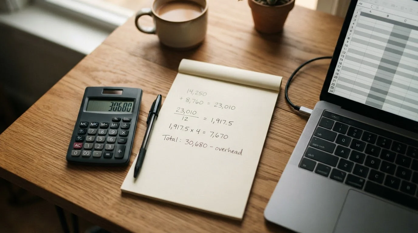Taschenrechner und handschriftliche Rechnung auf Papier neben Laptop auf Schreibtisch