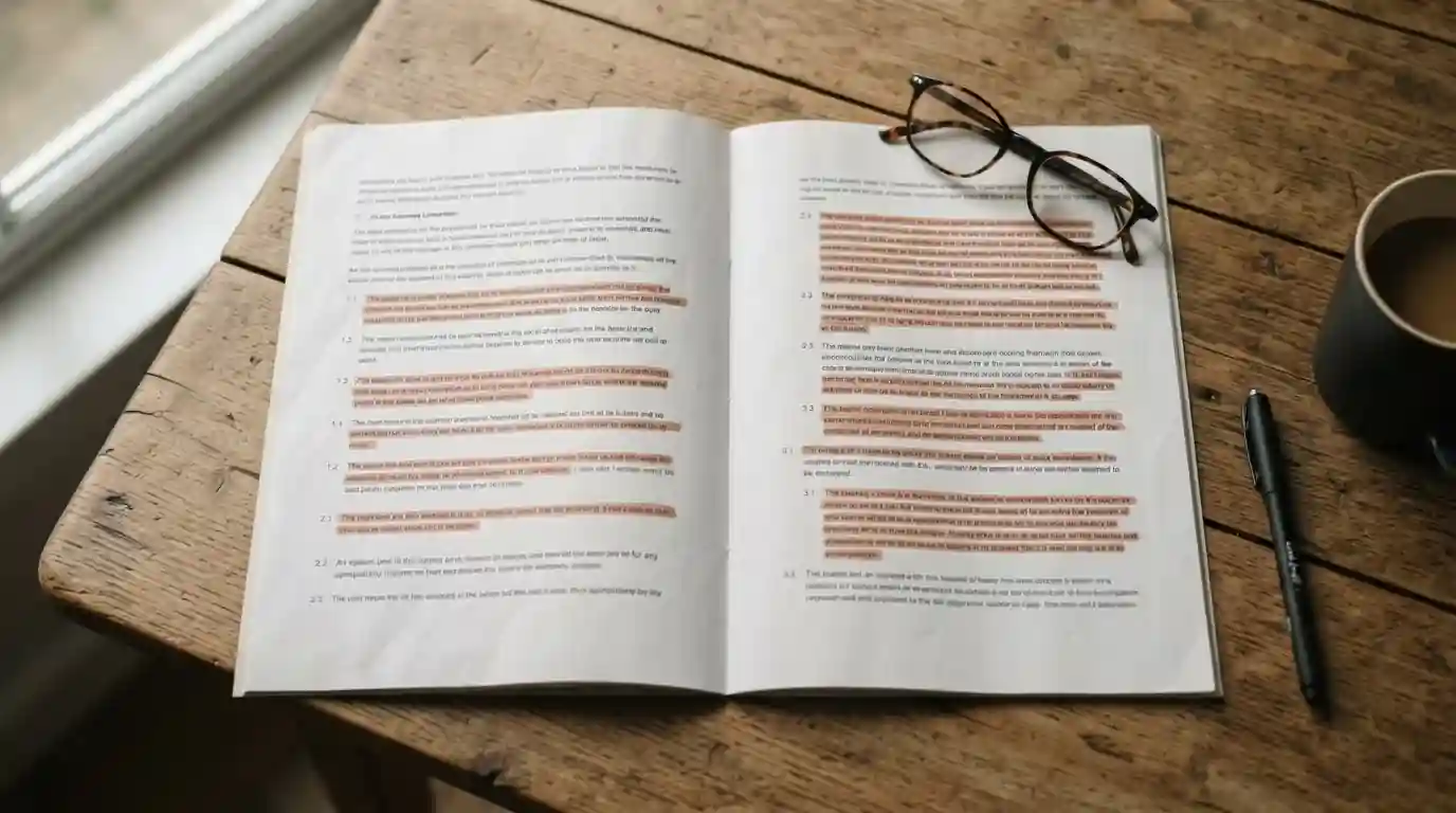Aufgeschlagenes Dokument mit markierten Textabschnitten auf Holztisch