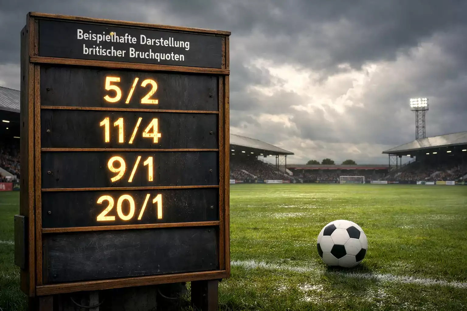 Englisches Fußballstadion mit traditioneller Wettanzeige im Vordergrund