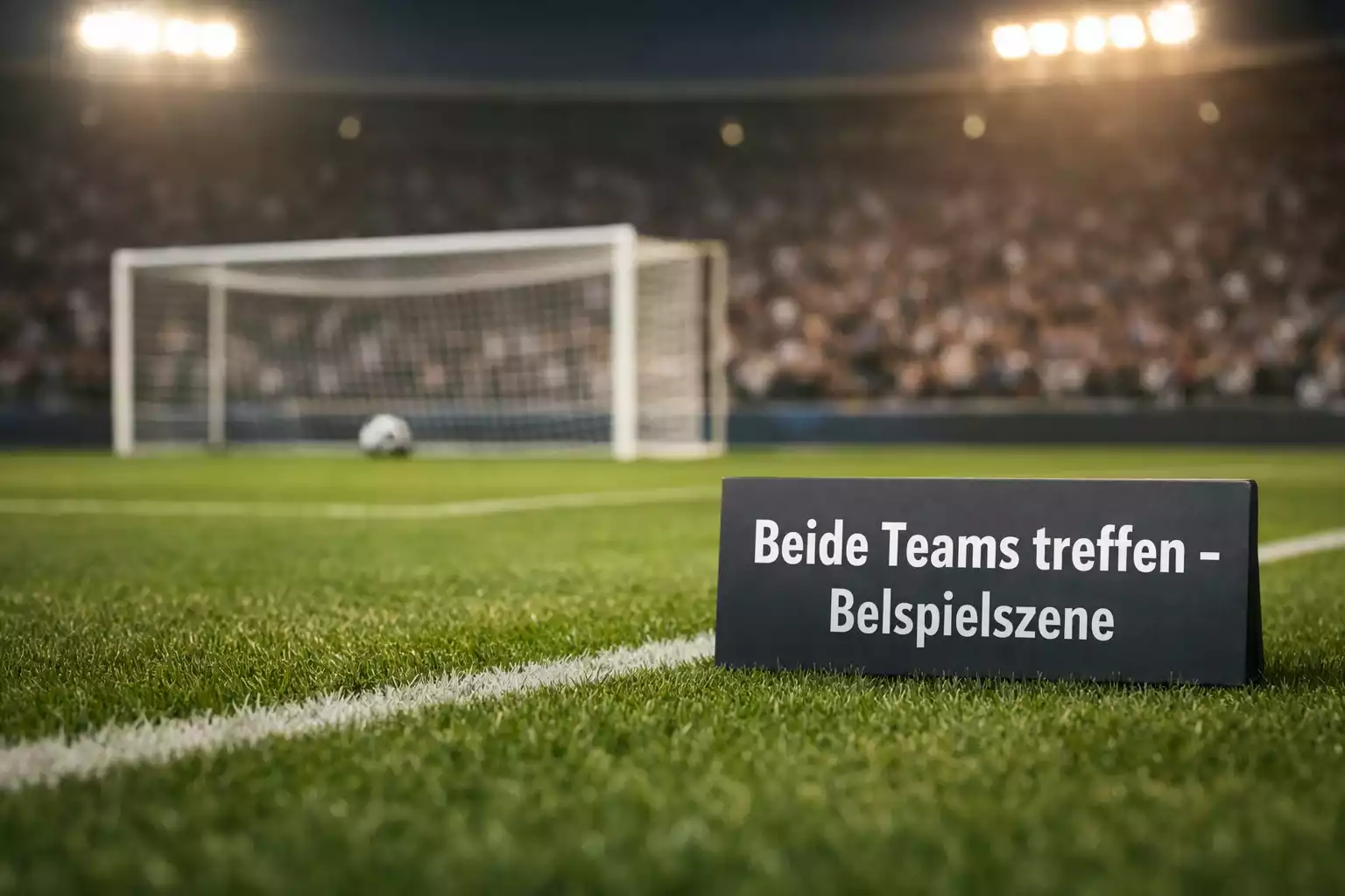 Fußballtor mit Ball im Netz bei einem Spiel, Symbol für Beide Teams treffen Wetten