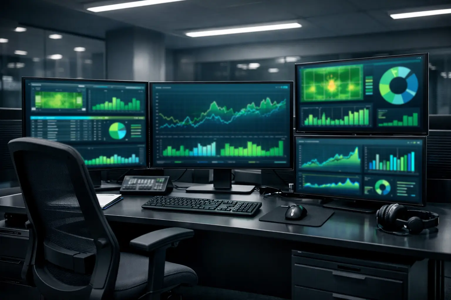 Professioneller Arbeitsplatz mit mehreren Monitoren zur Wettquotenanalyse