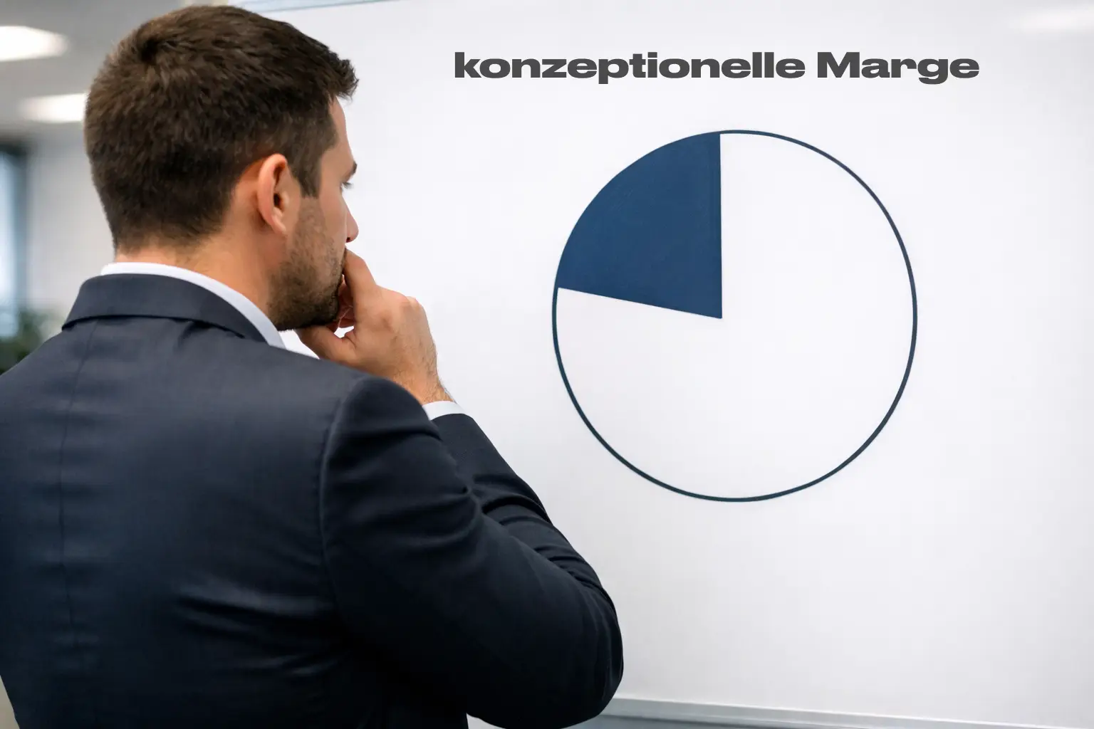 Gesch&auml;ftsmann im Anzug betrachtet eine Tafel mit einem einfachen Kreisdiagramm zur Gewinnverteilung