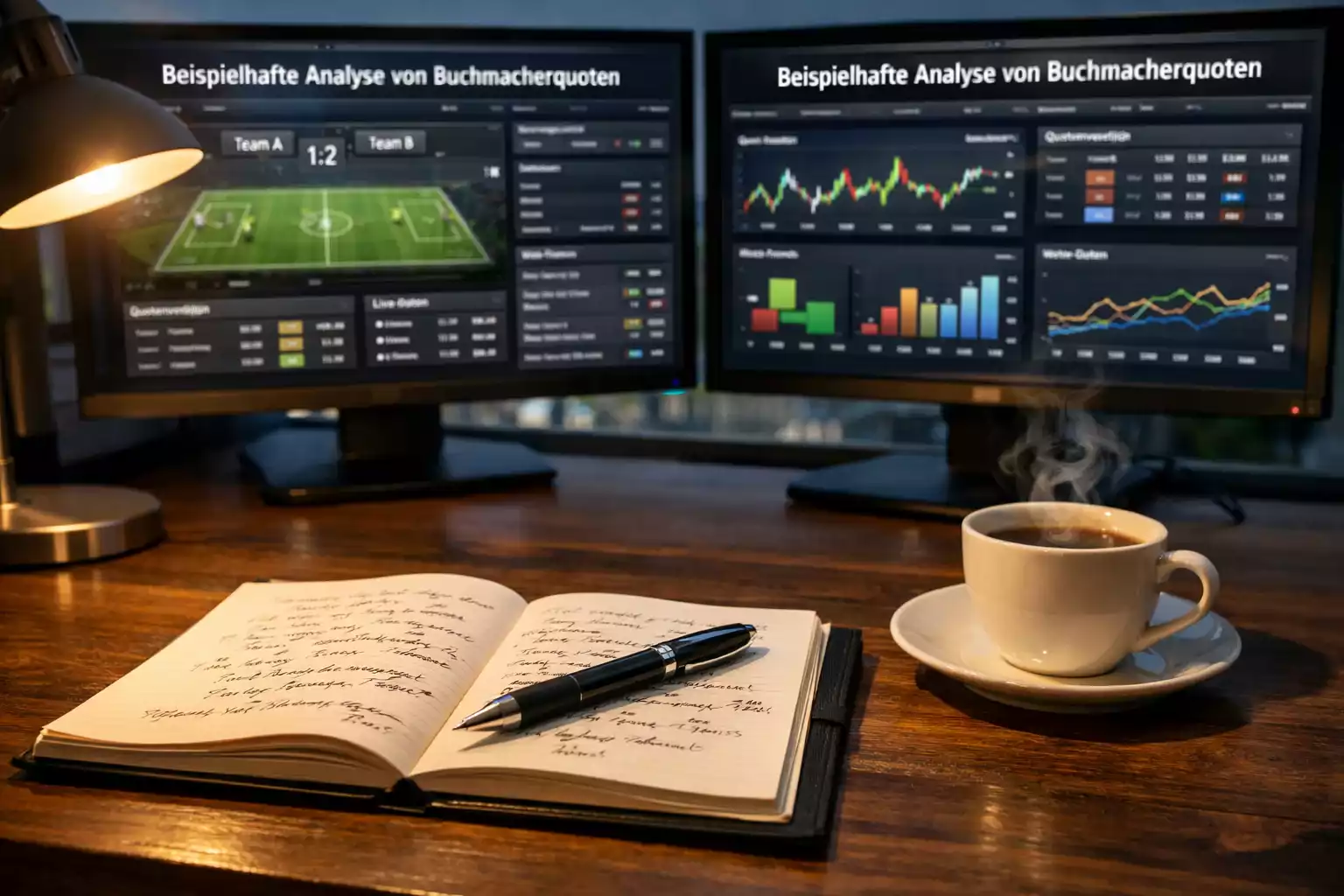 Professioneller Arbeitsplatz mit Fußball-Statistiken und Analyse-Bildschirmen