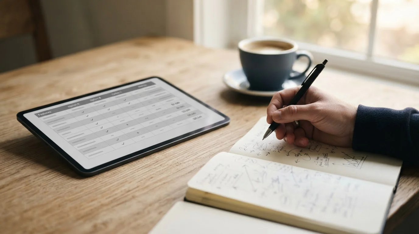 Vergleichstabelle auf Tablet neben Kaffeetasse und Notizen