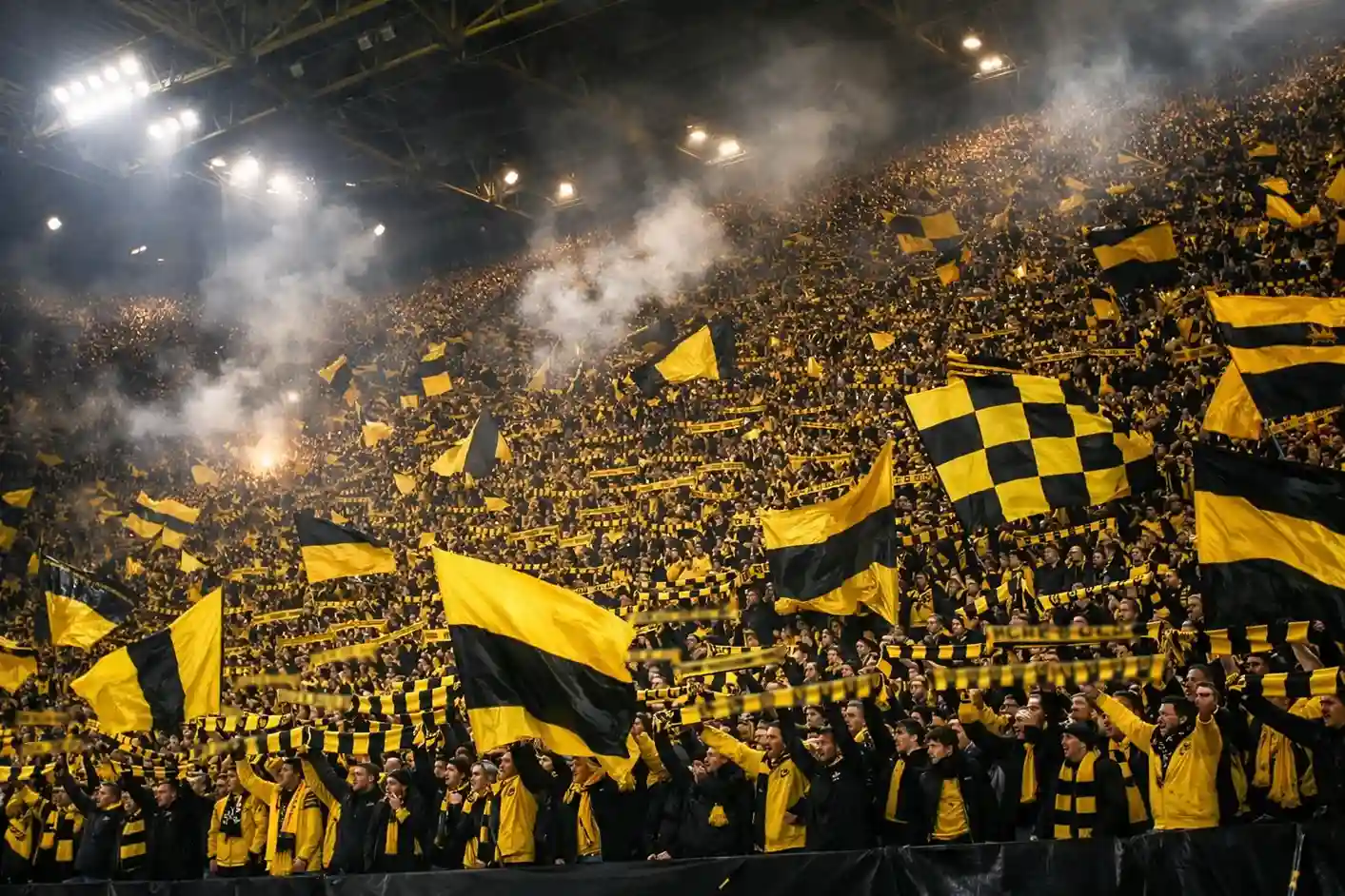 Voller Fanblock im Stadion mit Fans in gelben und schwarzen Trikots während eines Spiels