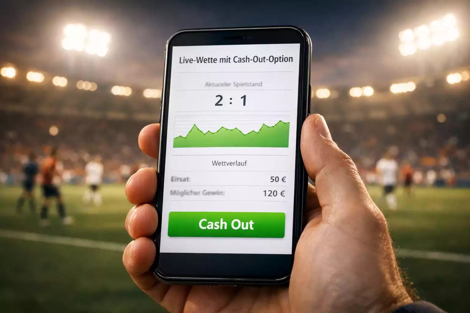 Smartphone zeigt Cash-Out-Button während eines Live-Fußballspiels im Stadion