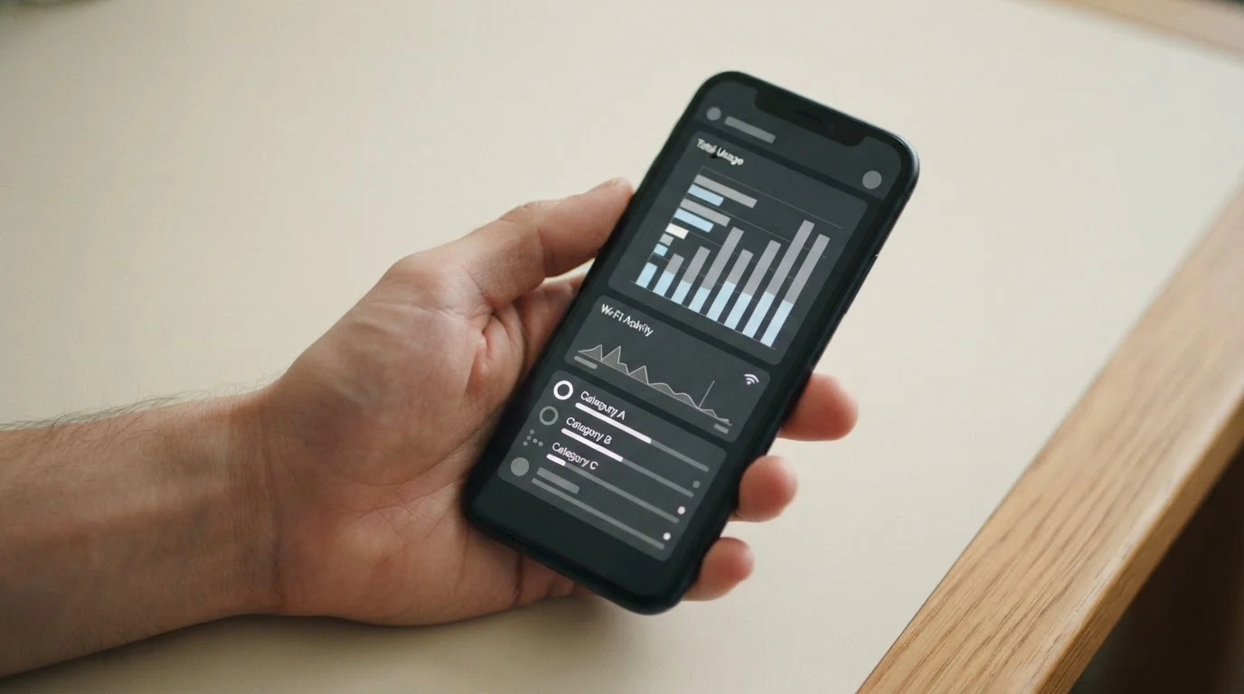 Smartphone zeigt Datenverbrauch-Statistik mit monatlicher Nutzungs&uuml;bersicht