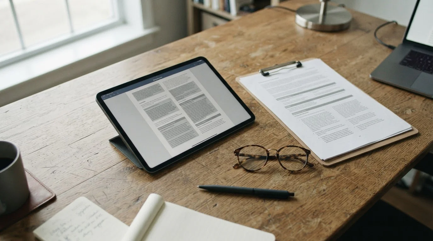 Tablet mit Regulierungsunterlagen zur deutschen Wettsteuer auf einem Schreibtisch