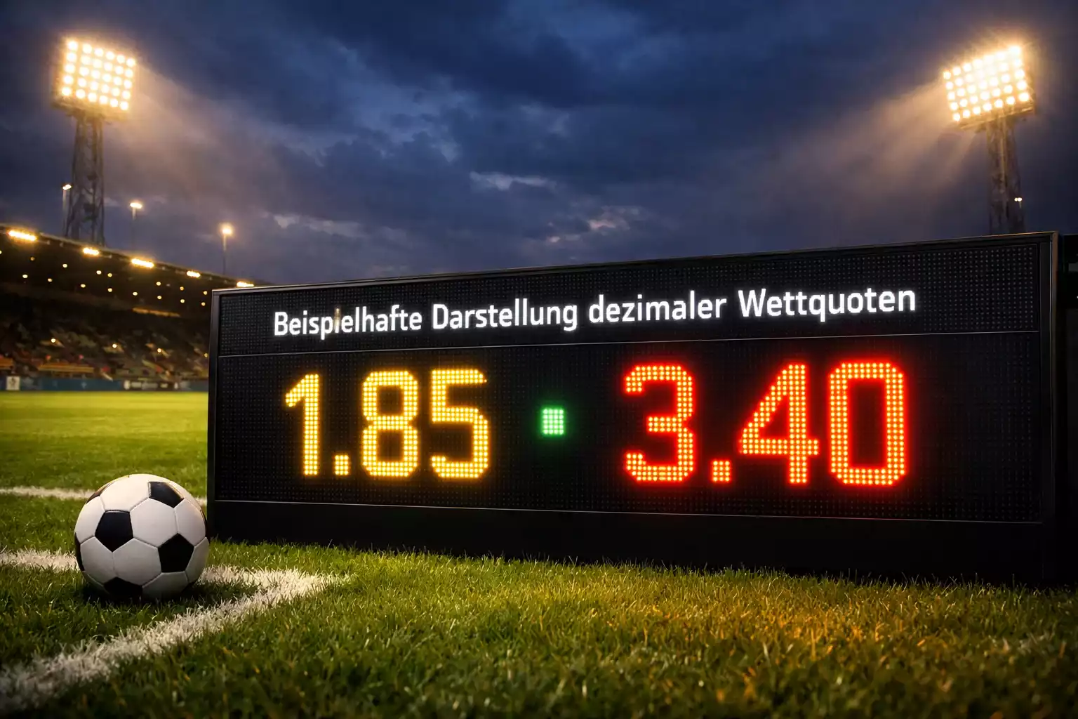Fußballstadion bei Flutlicht mit Anzeigetafel und Quotendarstellung