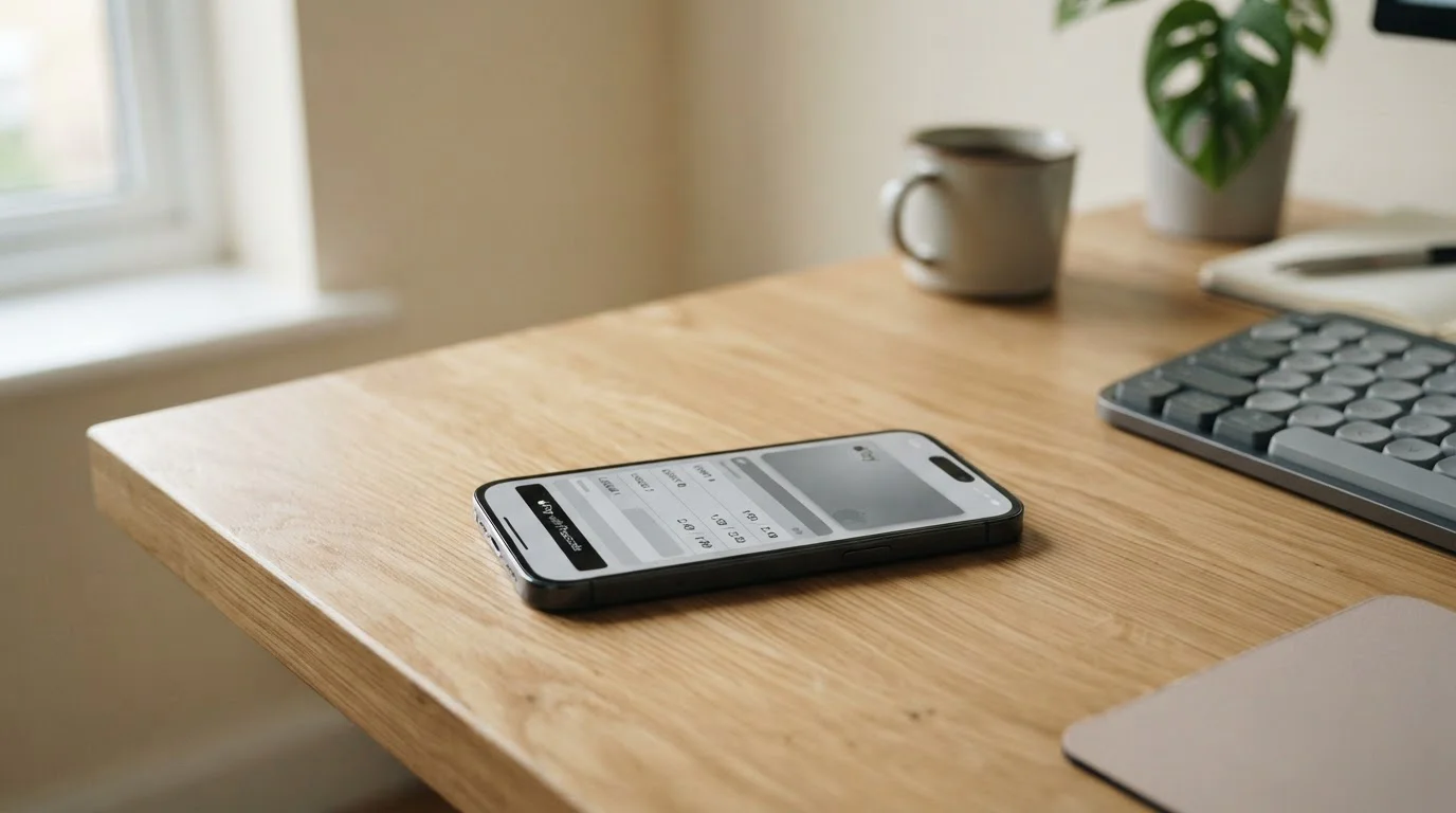 iPhone mit Apple Pay und Sportwetten-App auf hellem Holztisch
