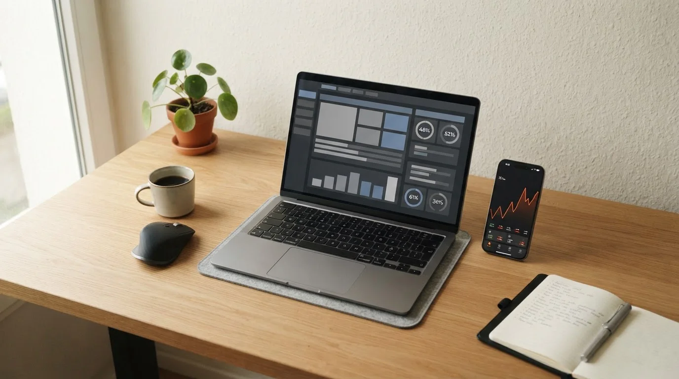 Laptop mit Sportwetten-Plattform und Bitcoin-Wallet auf hellem Schreibtisch