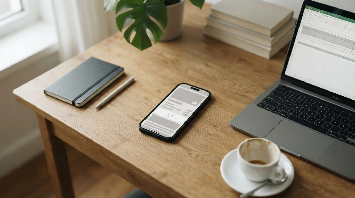 Smartphone mit ecoPayz-Zahlungsoberfläche neben Laptop auf natürlichem Schreibtisch