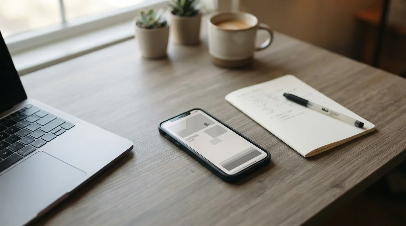 Smartphone mit Klarna-Zahlungsschnittstelle auf einem Schreibtisch neben Laptop und Notizen
