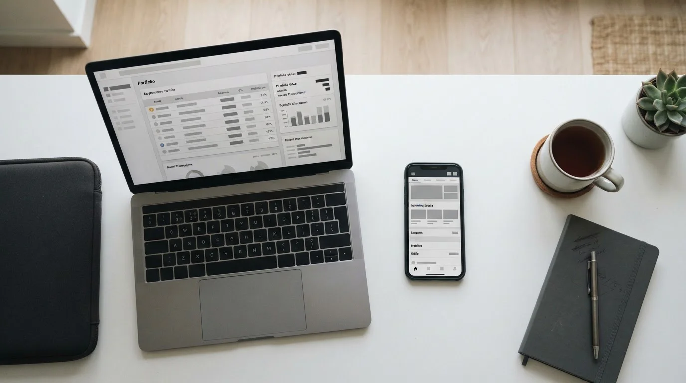 Laptop mit Krypto-Wallet-Interface neben Smartphone auf hellem Schreibtisch