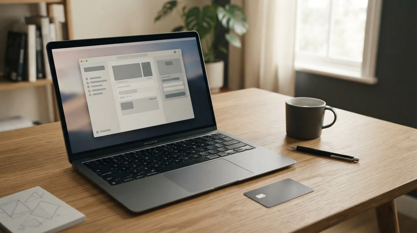 Mastercard-Zahlung bei Wettanbietern – Laptop mit neutraler Zahlungsmaske auf hellem Schreibtisch
