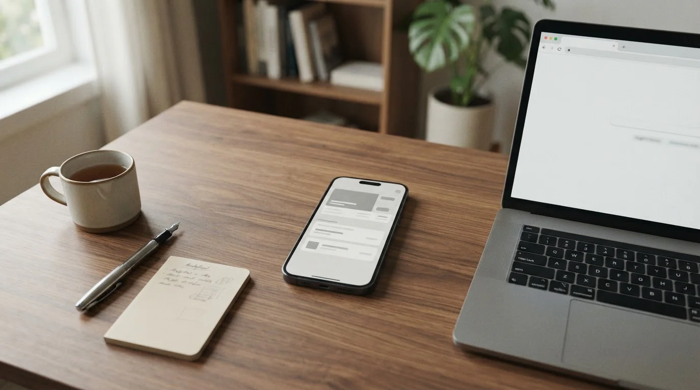 Smartphone mit MuchBetter-App neben aufgeklapptem Laptop auf schlichtem Schreibtisch