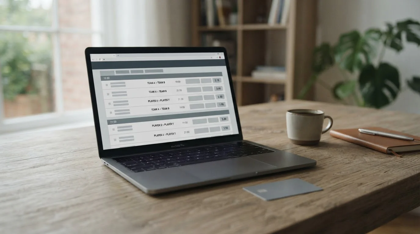 Paysafecard-Prepaidkarte neben Laptop mit Sportwetten-Interface in ruhiger Arbeitsumgebung
