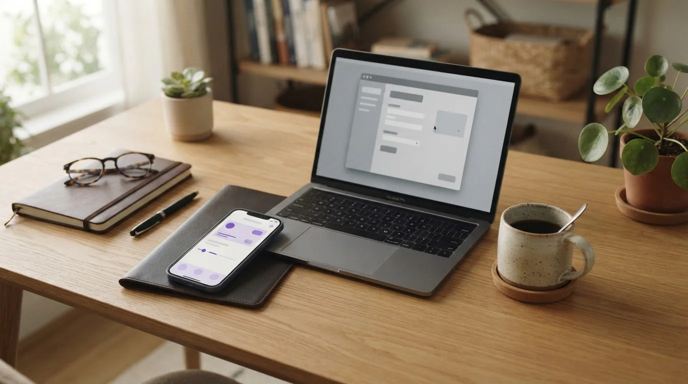 Smartphone mit Skrill-App neben Laptop auf hellem Schreibtisch