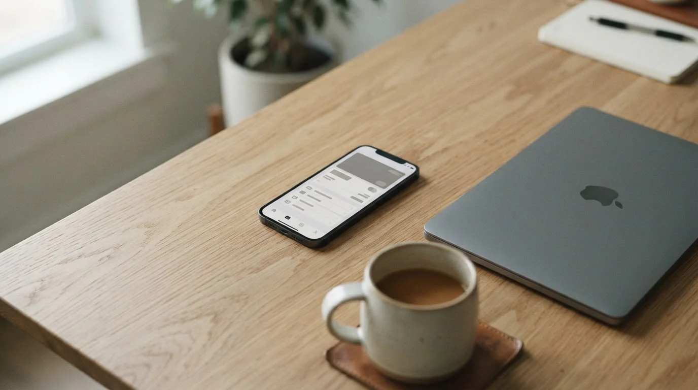 Smartphone mit Zahlungs-App und Laptop auf einem Schreibtisch, Konzept für digitale Wettanbieter-Zahlungen