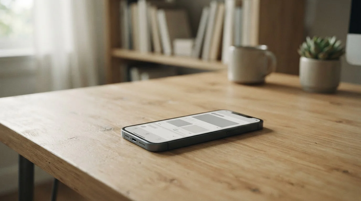 Smartphone mit neutraler Wettplattform-Oberfläche auf hellem Schreibtisch
