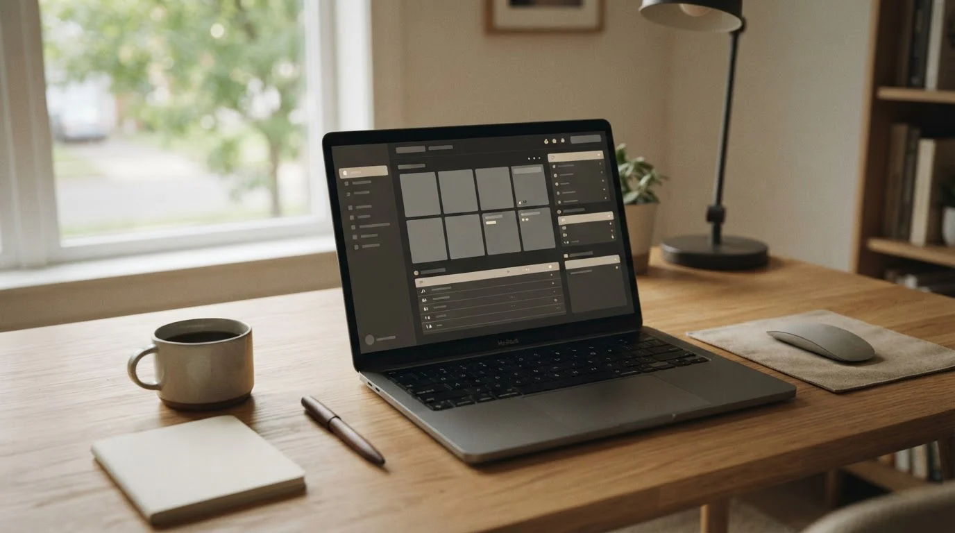 Laptop mit neutraler Wettplattform-Oberfläche auf Schreibtisch, sanftes Tageslicht
