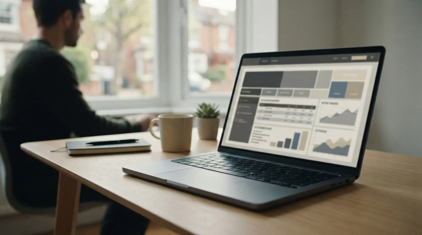 Laptop zeigt anonyme Wettplattform-Oberfläche mit neutralen Datenblöcken