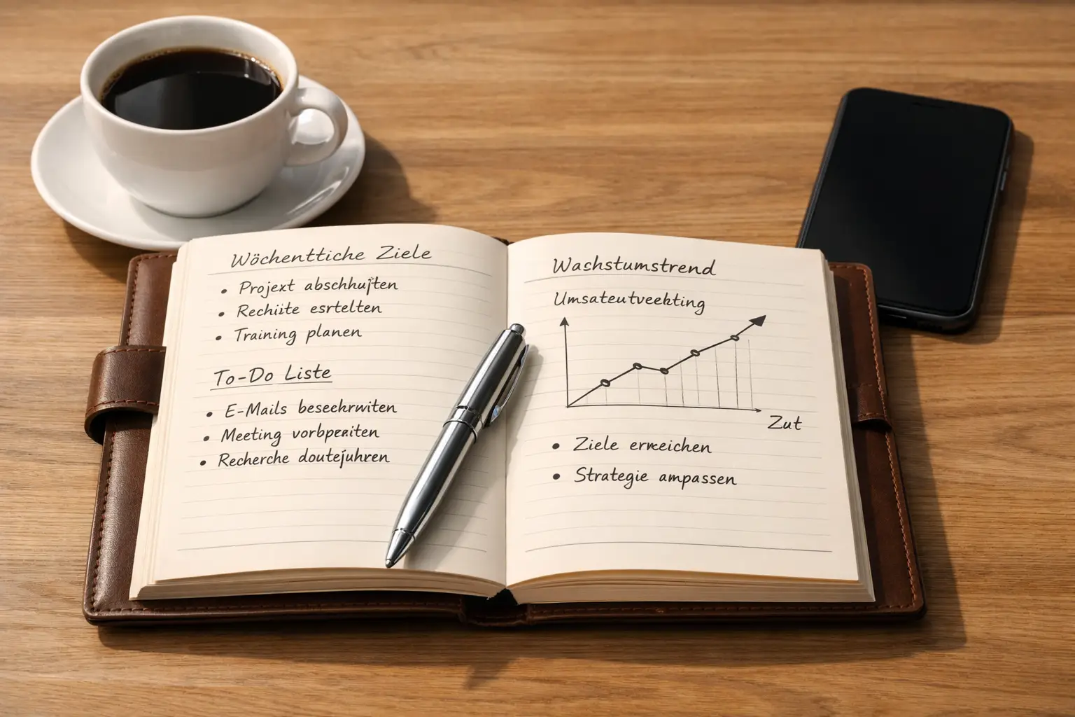 Notizbuch mit handschriftlichen Wettnotizen und Stift auf einem Schreibtisch
