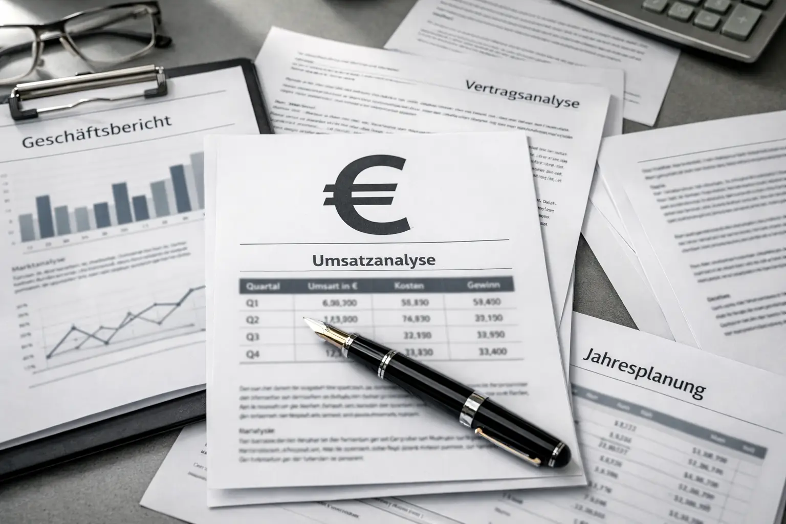 Gesch&auml;ftsdokumente mit Euro-Symbol auf einem Schreibtisch