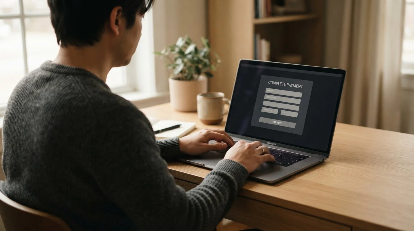 Hand am Laptop, neutraler Zahlungsbildschirm mit abstrakten Formularfeldern, Seitenansicht