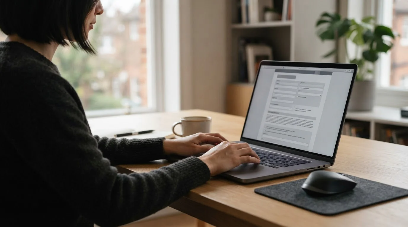 Person f&uuml;llt am Laptop einen beh&ouml;rdlichen Antrag zur Erh&ouml;hung des Einzahlungslimits aus