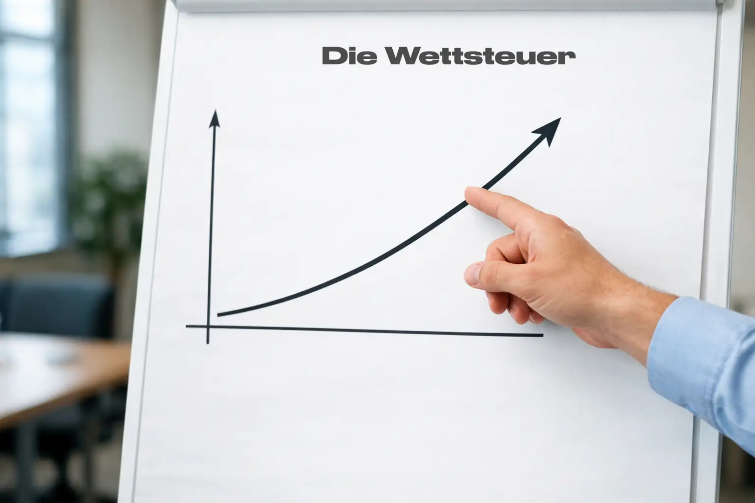 Person zeigt mit dem Finger auf ein einfaches Liniendiagramm an einer Tafel, das einen aufsteigenden Trend darstellt