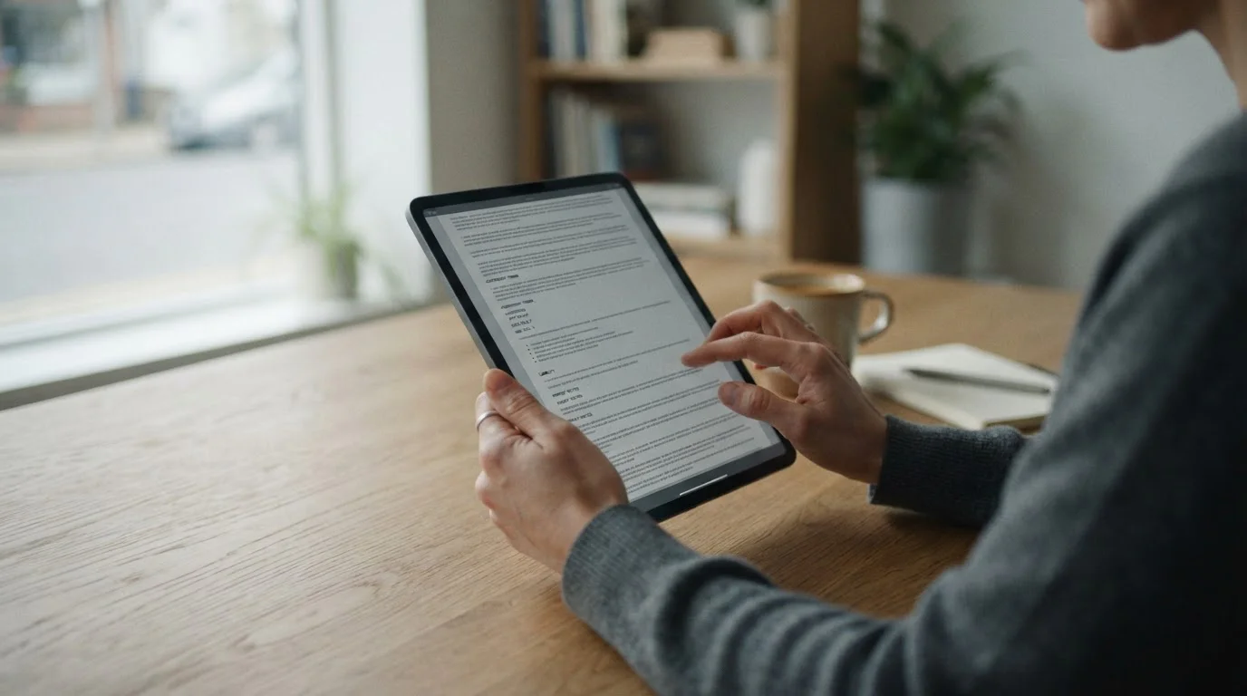 Person liest Gesch&auml;ftsbedingungen auf Tablet-Bildschirm