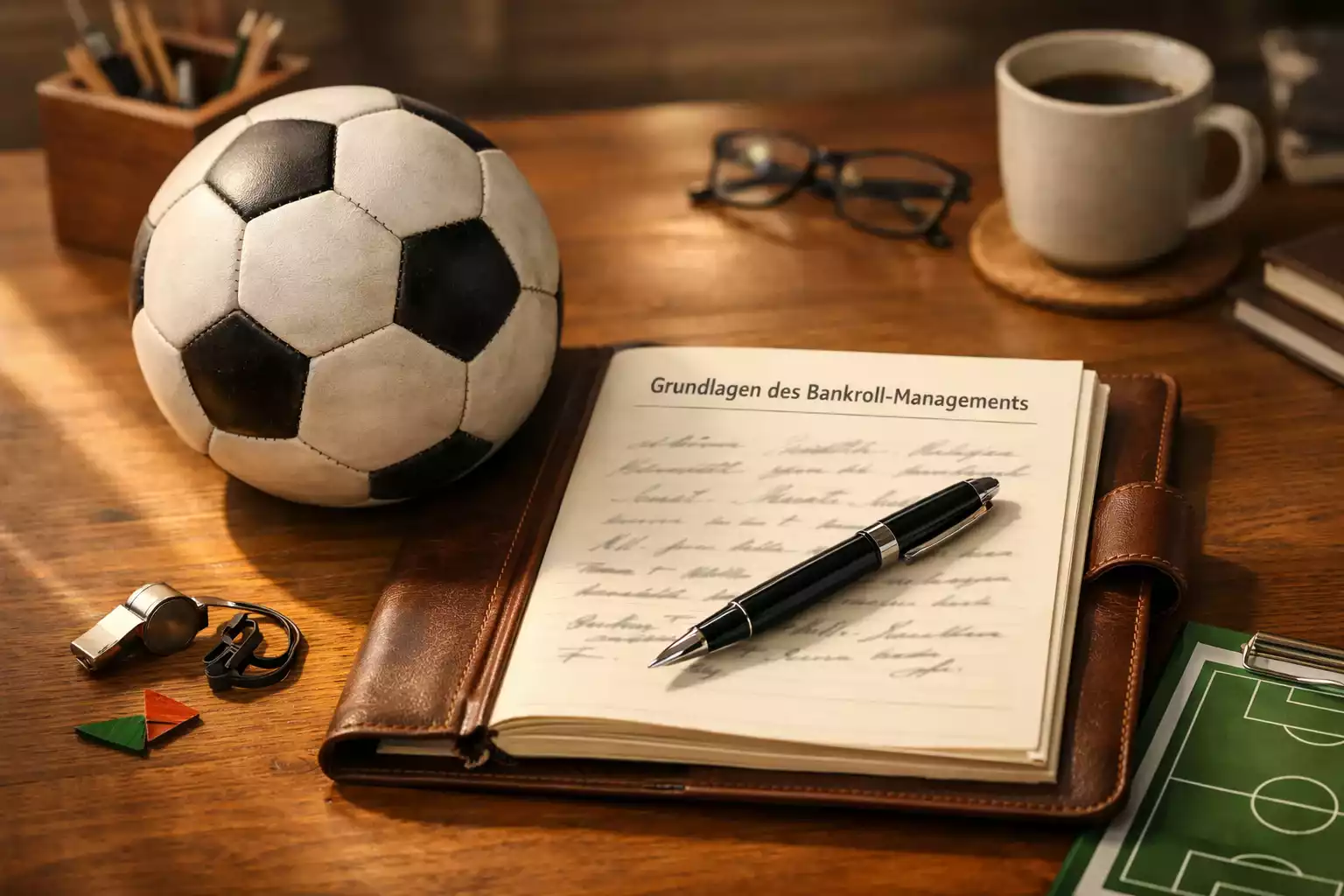 Fußball und Notizbuch mit Bankroll-Planung auf einem Schreibtisch