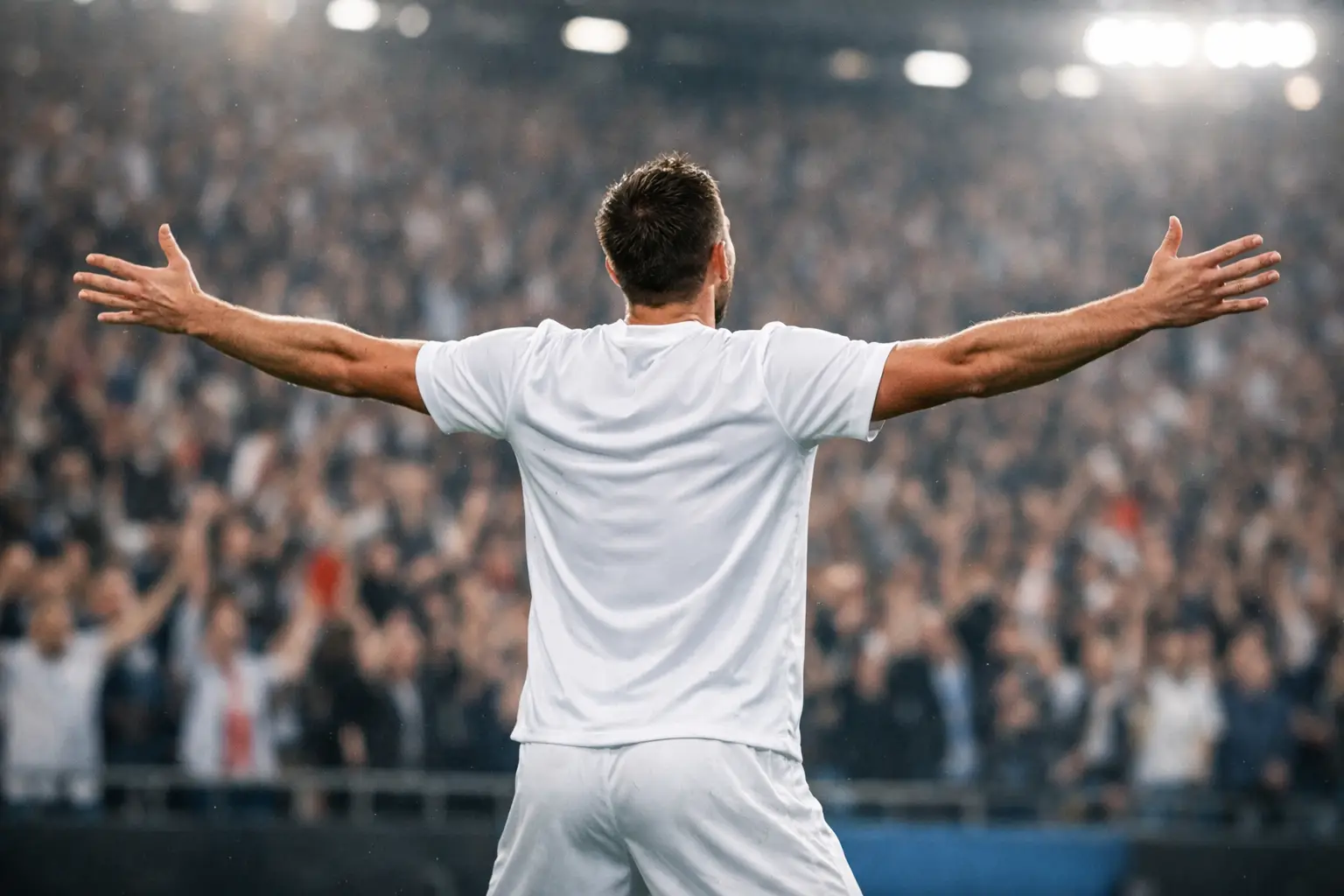 Fu&szlig;ballspieler jubelt nach einem Tor mit ausgestreckten Armen vor den Fans