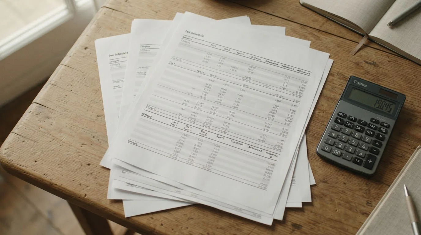 Gestapelte Papierbl&auml;tter mit Geb&uuml;hrenaufstellung auf neutralem Untergrund