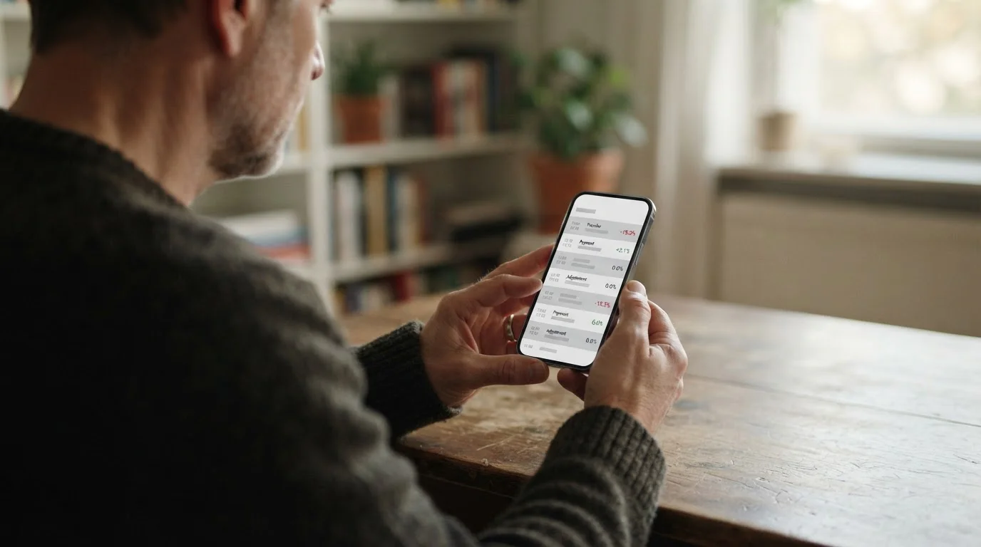 Person pr&uuml;ft Transaktionsdetails auf Smartphone-Bildschirm, Fokus auf versteckte Kosten