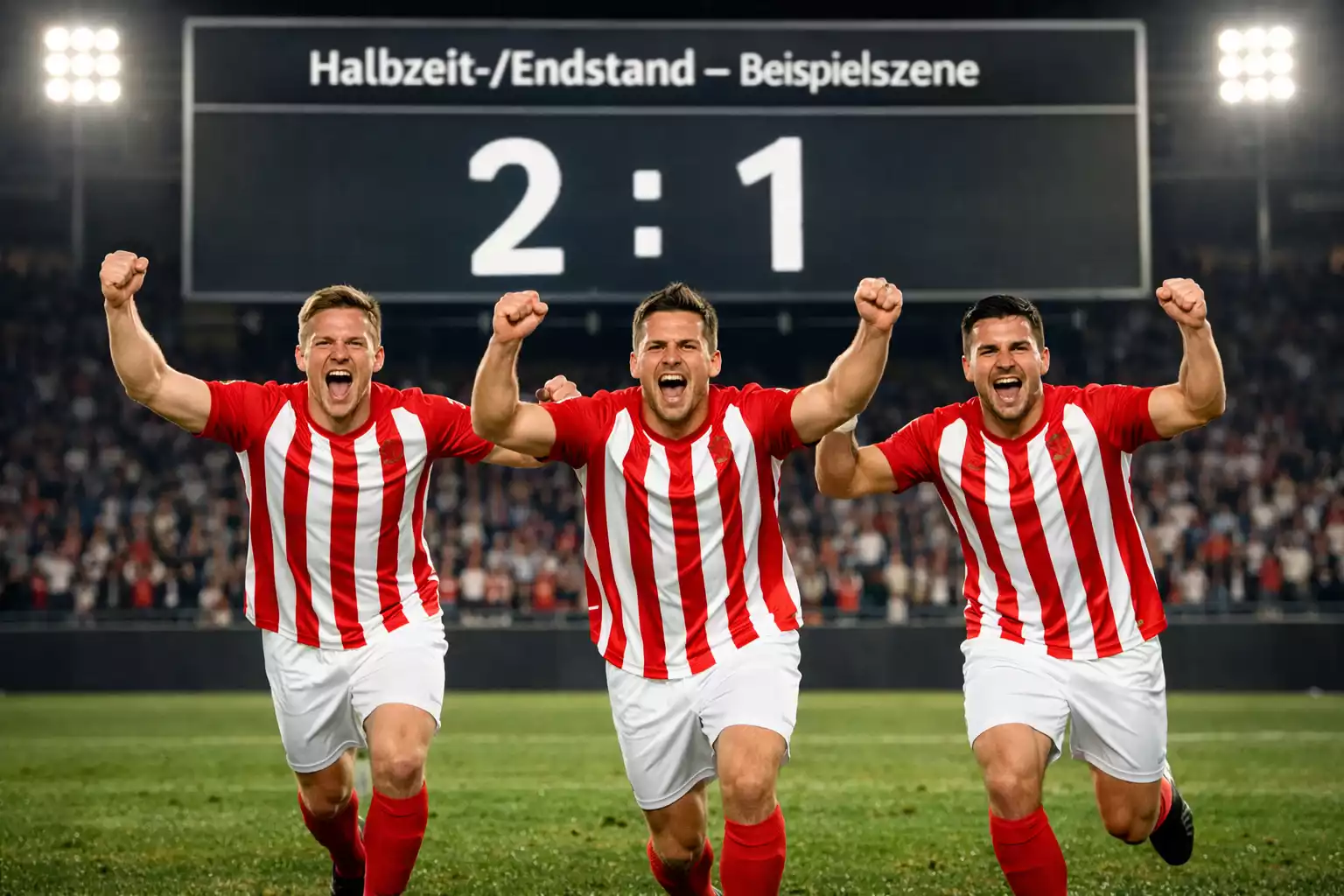 Fußballspieler feiern ein Tor, Halbzeit-Anzeigetafel im Hintergrund